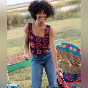 Natural Life | Granny Square Crochet Crop Top‎ Tank Navy Multi Sz L/XL